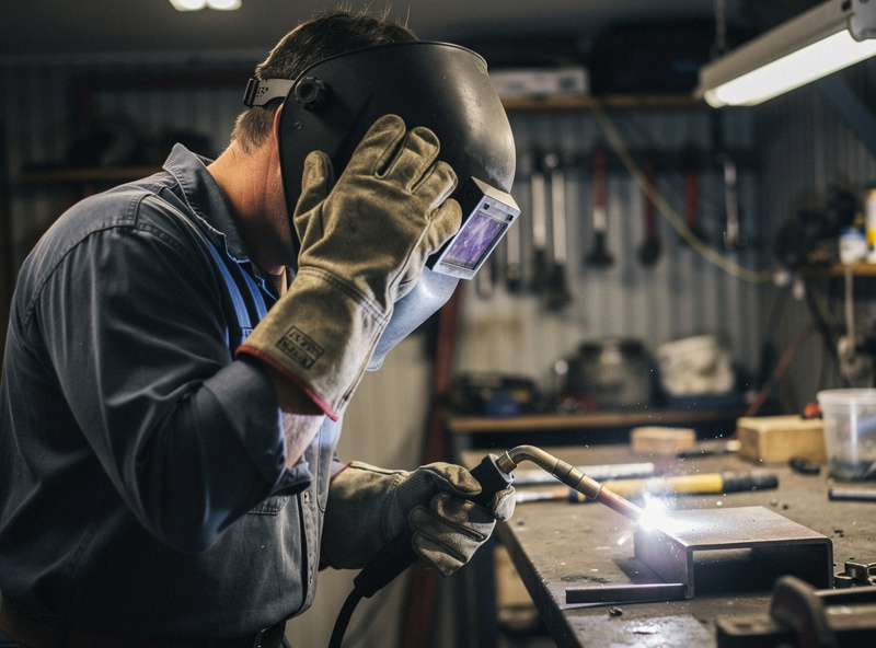 Welder lowering an auto-darkening welding helmet before striking an arc