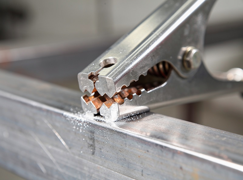 Welding ground clamp biting clean bare metal on a steel workpiece