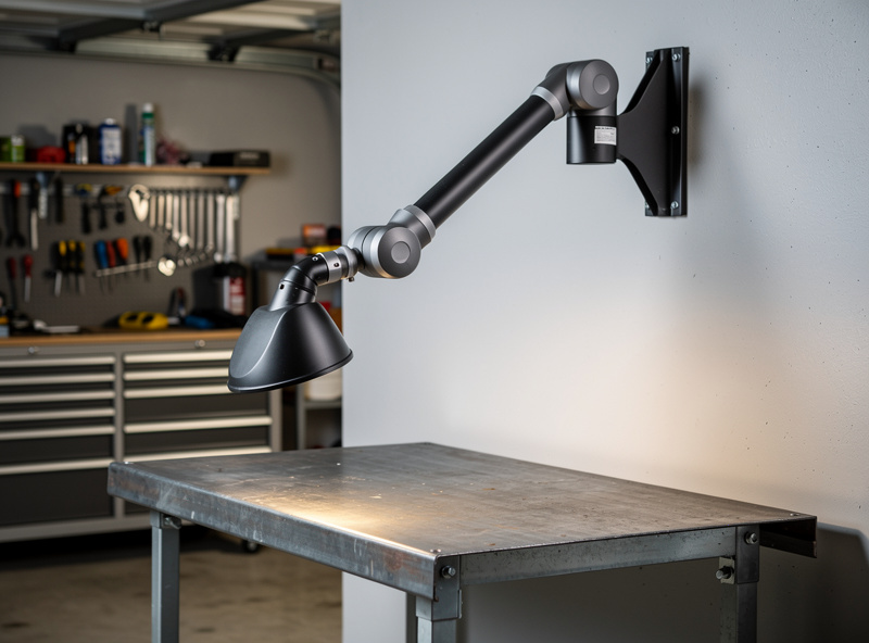 Articulated fume extraction arm mounted above a home welding bench close to the work