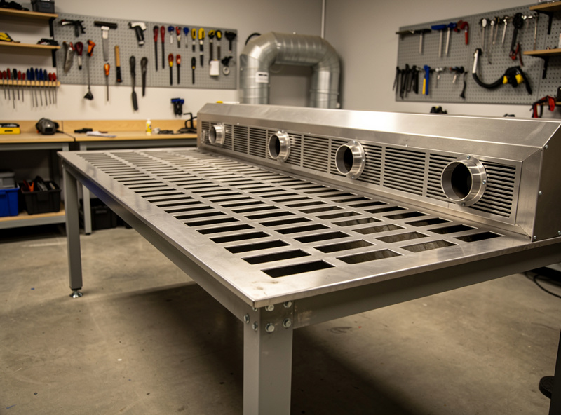 Downdraft welding table with a grated surface pulling fume downward