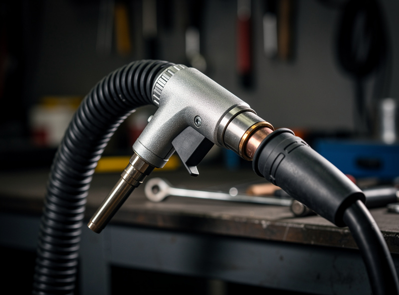 MIG welding gun fitted with an on-gun fume extraction nozzle and hose