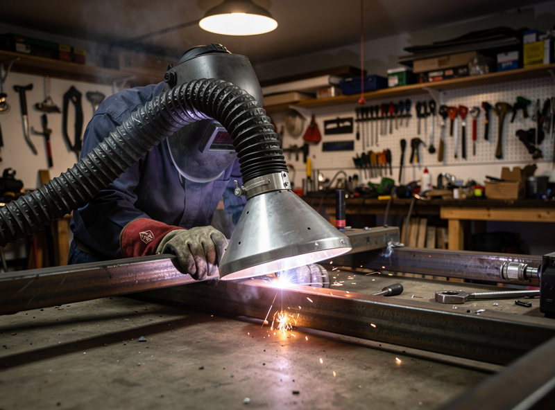 Welder positioning a fume extraction hood close to a weld joint at the source