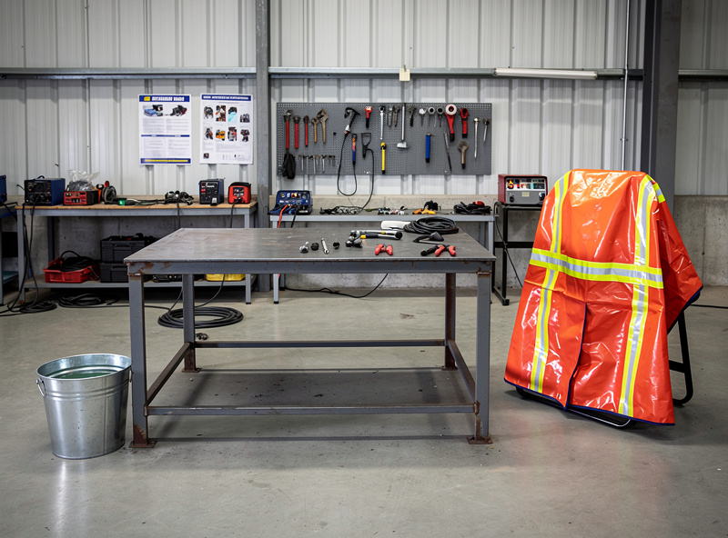 A cleared non-combustible zone around a welding table with a fire blanket and water bucket