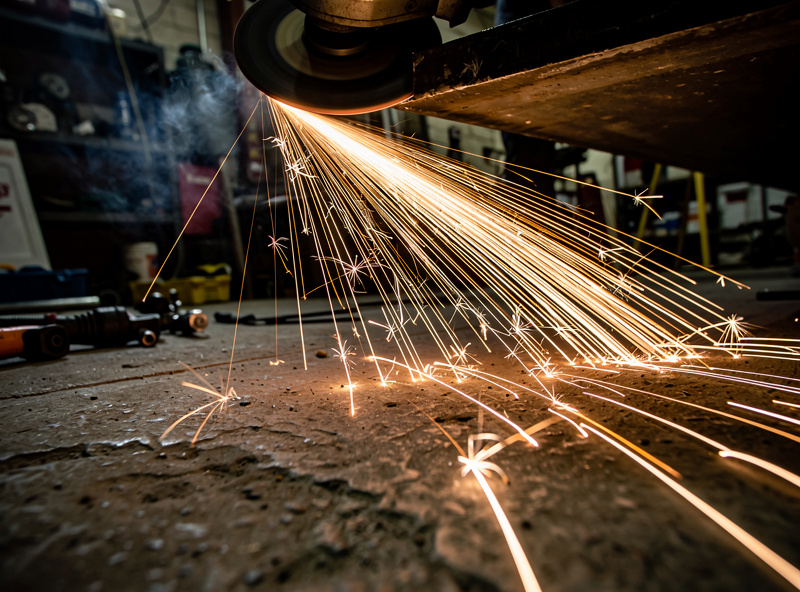 Welding sparks showering several feet across a concrete garage floor