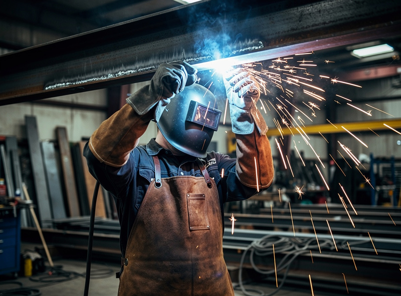 Welder fully covered in leather apron, sleeves, and FR clothing for overhead welding