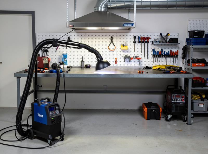 Powered fume extraction arm positioned over the weld zone on a home welding bench