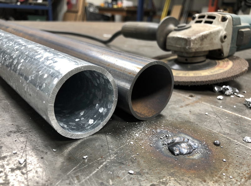 Galvanized steel tube beside bare mild steel showing the dull zinc coating