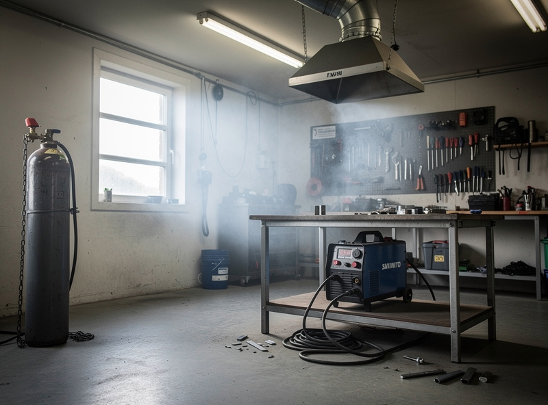 Home welding garage with fume extraction hood and faint haze in the air