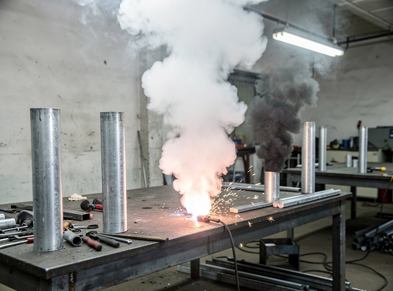Thick white zinc oxide fume rising from welding galvanized steel