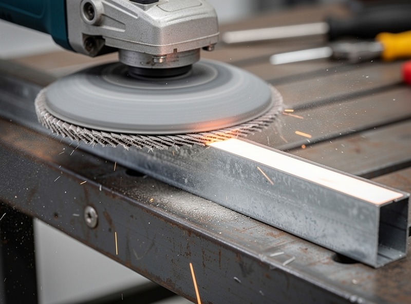 Angle grinder removing zinc galvanizing from a steel tube to reveal bare steel