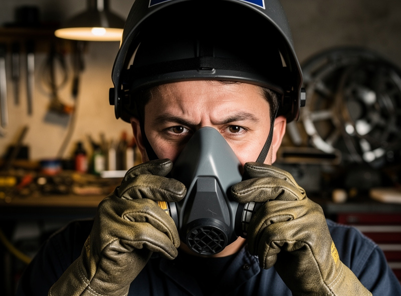 Welder fitting a half-mask respirator under a raised welding helmet