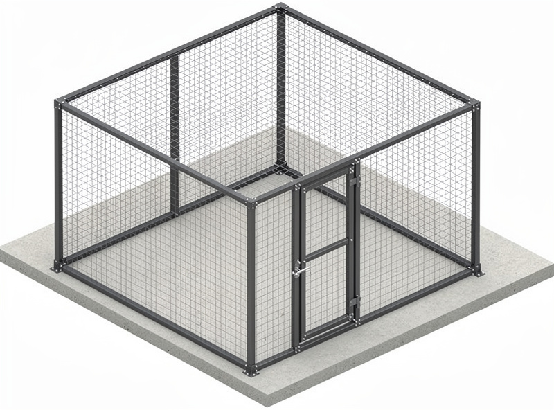 Welded steel chicken run frame with square tube construction, hardware cloth attached, predator-proof apron visible, backyard setting