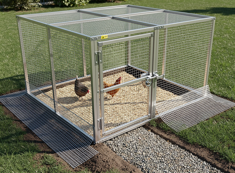 Predator-proof chicken run with welded steel frame, hardware cloth apron buried at base, secure door latch, backyard coop setup