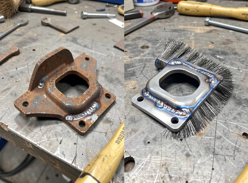 Before and after comparison of a rusted broken bracket and the same bracket freshly welded