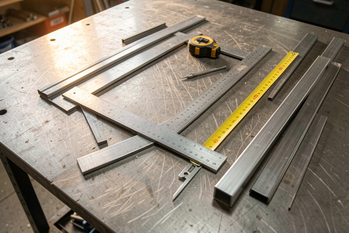 Home metal fabrication workbench with a framing square, scribe, tape and angle iron laid out