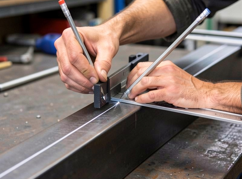 Marking a straight layout line on dark steel bar with a combination square and silver pencil