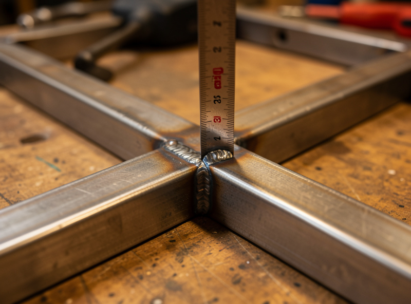 A machinist square checking a 90 degree corner on a tacked steel frame