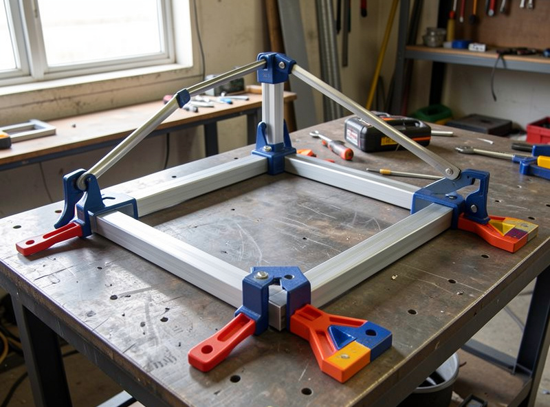 Steel tube frame clamped square with bar clamps and magnets ready for tacking