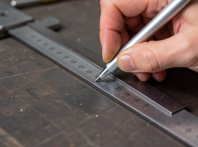 Marking a fine line on steel flat bar with a silver pencil guided by a combination square