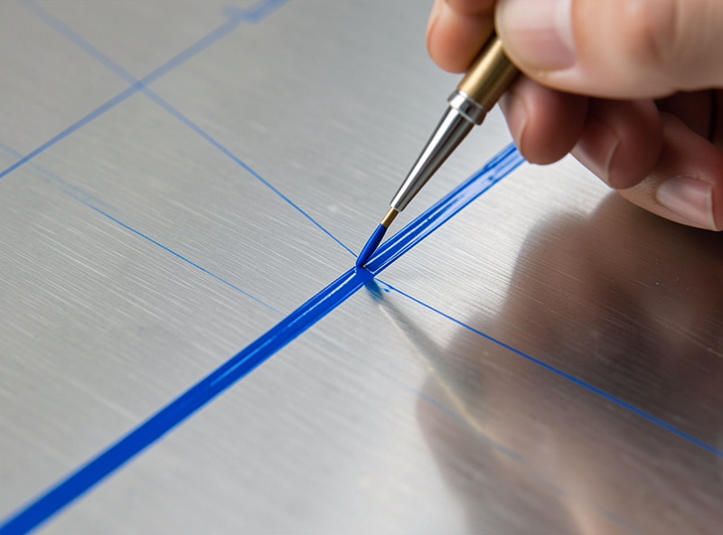 A scribe cutting a bright line through blue layout dye on polished steel