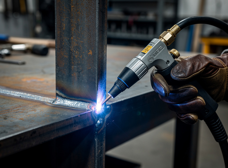Diagram-style close-up of MIG gun travel angle and work angle on a fillet weld joint
