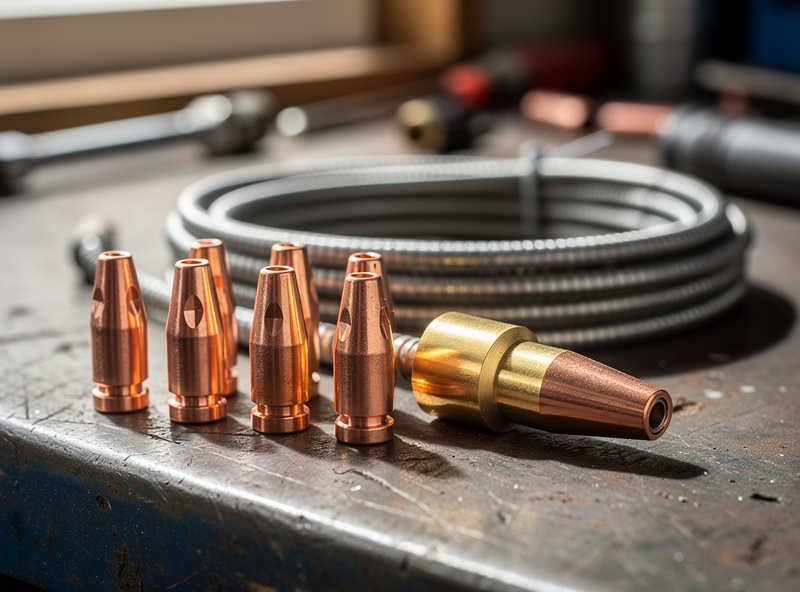 New MIG contact tips, a nozzle, and a replacement gun liner laid out on a workshop bench