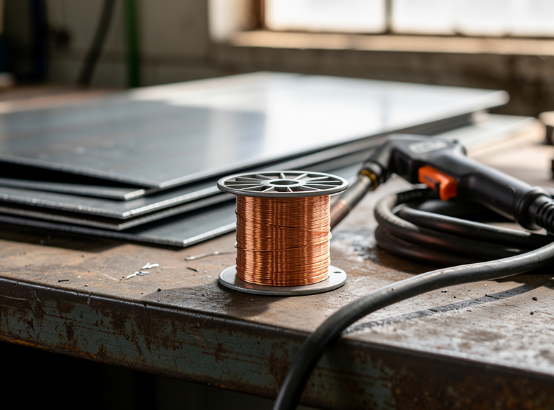 Spool of 0.023 inch MIG wire next to thin sheet steel panels and a MIG gun on a workshop bench