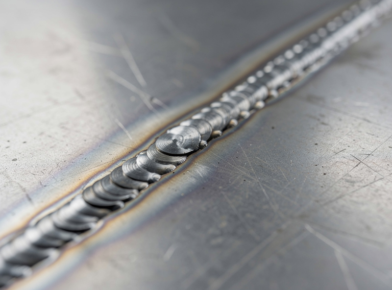 Stitch welding technique on thin sheet steel showing stacked tack welds skipping along a seam