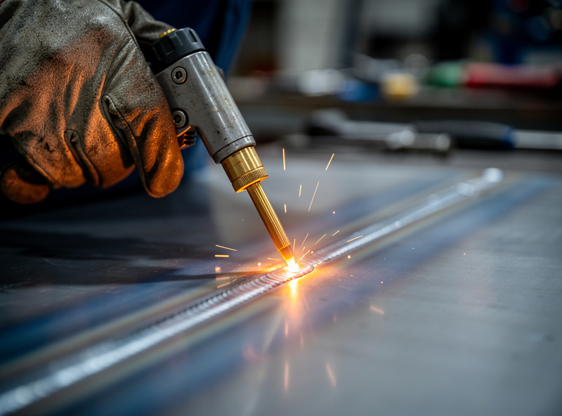 Pushing the MIG gun at a forward angle on thin sheet steel producing a wide shallow cool bead