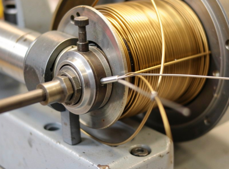Close-up of MIG welder drive rolls and tension knob with welding wire threaded through