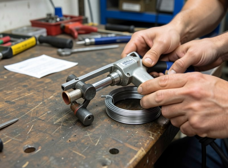 Feeding a fresh liner into a disassembled MIG welding gun on a workbench