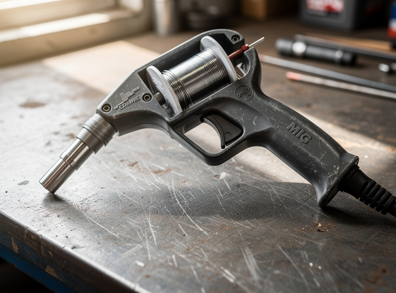 MIG spool gun with a small spool of aluminum wire mounted in the gun body on a workshop bench