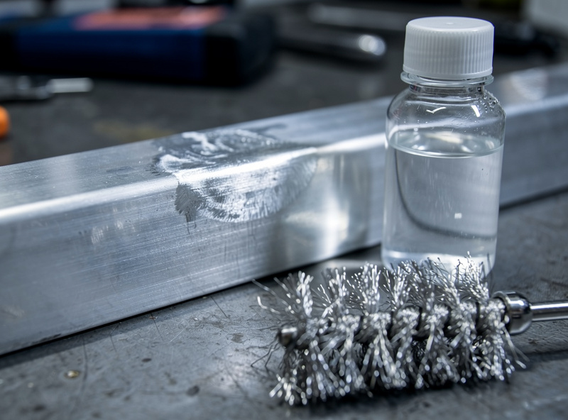 Stainless brush and acetone prepping an aluminum joint before MIG spool gun welding on a bench