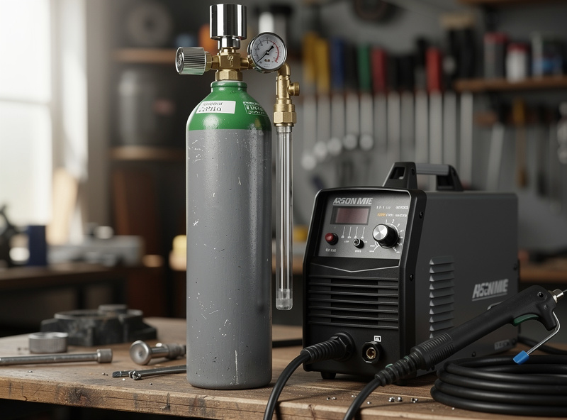 MIG welding shielding gas cylinder with flowmeter regulator next to a home welder on a workshop bench