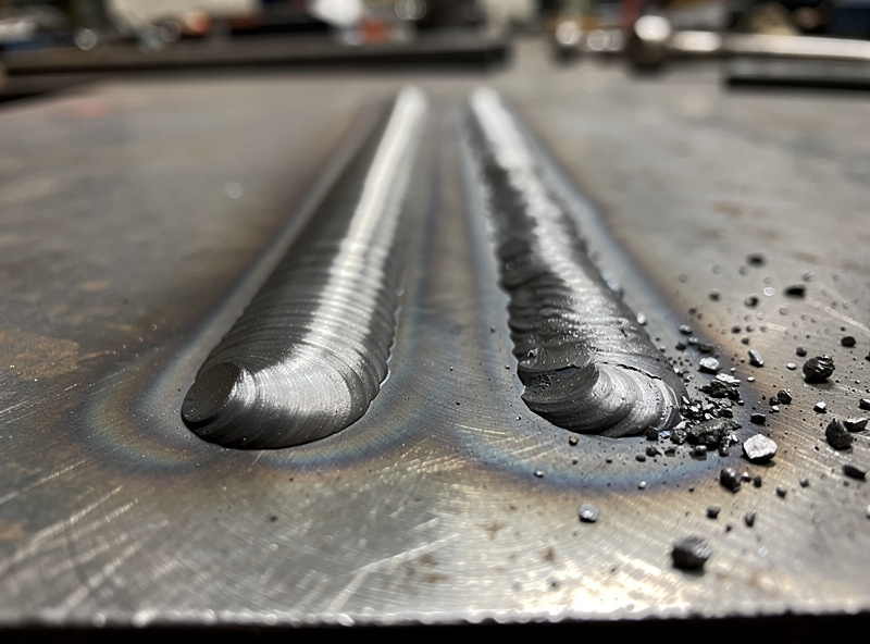Close-up comparison of MIG weld beads run on C25 versus straight CO2 showing spatter difference on steel coupons