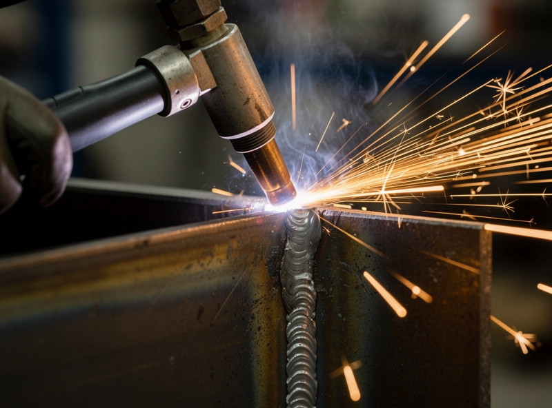 Welder running a vertical-up MIG bead on a steel joint using a weave motion traveling bottom to top