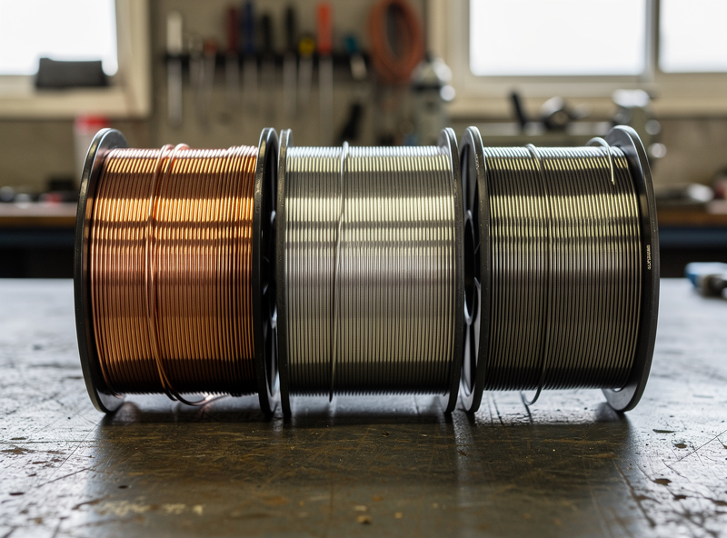 Three spools of MIG welding wire in 0.023, 0.030, and 0.035 inch sizes lined up on a workshop bench