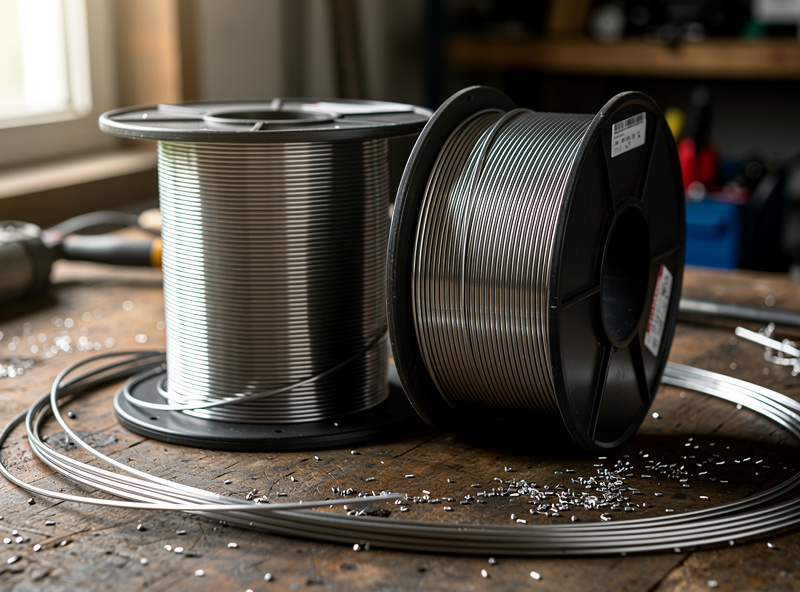 Comparison of solid MIG wire spool and flux-core wire spool side by side on a workshop bench