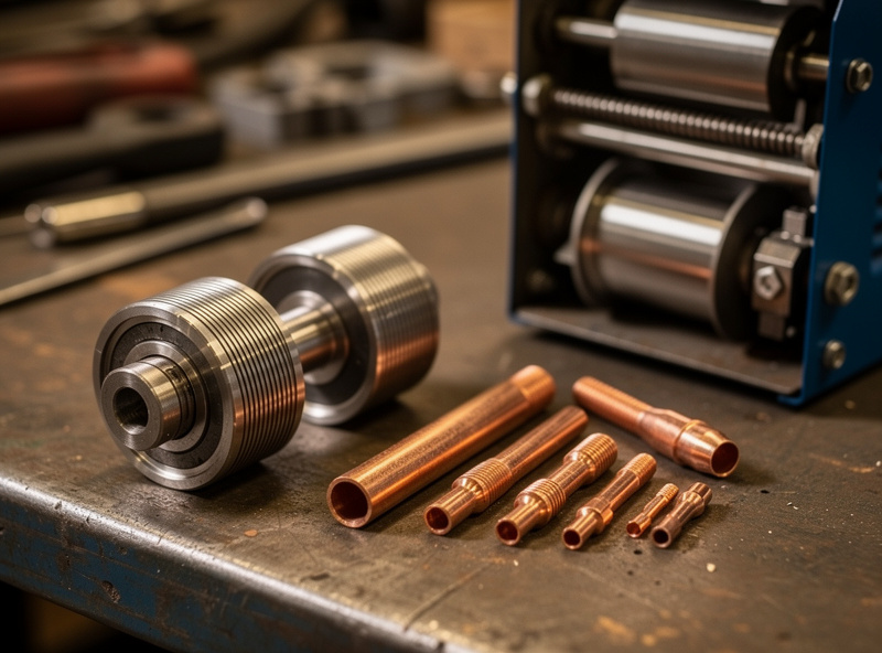 MIG drive rolls and contact tips in different wire sizes laid out next to a wire feeder on a bench