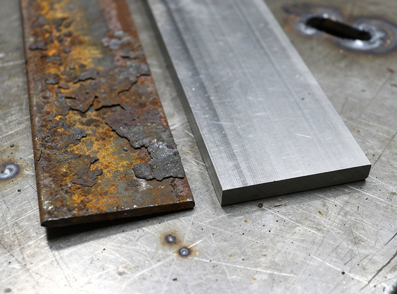 Pile of reclaimed used steel - rusty angle iron, old square tubing, and salvaged flat bar - next to clean new certified steel stock for comparison