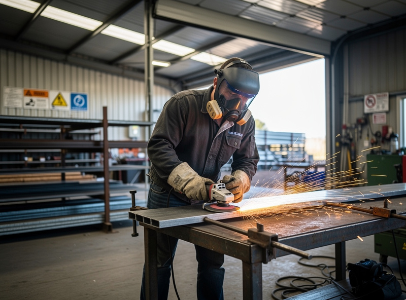 Welder grinding a galvanized coating back to bare steel with a flap disc before welding, sparks flying, respirator on, in a ventilated workshop