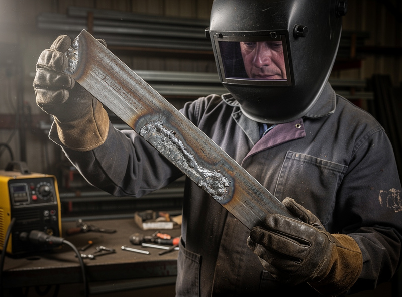 Welder inspecting a reclaimed steel bar cleaned with a wire brush, checking for deep pitting and prior welds before using it for a project