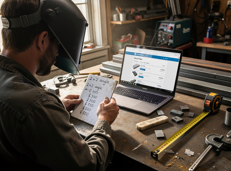 Home welder comparing online metal supplier listings on a laptop next to a notepad with steel sizes and a tape measure on the workbench