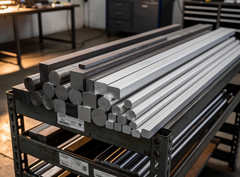 Stack of cut steel and aluminum bar pieces organized on a workshop rack ready for a welding project after an online metal order
