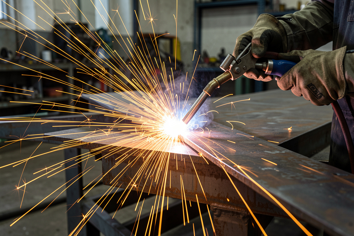 Oxy-acetylene cutting torch slicing thick steel plate with sparks