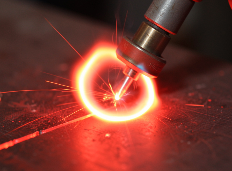 Oxy-acetylene cutting torch with preheat flames and central oxygen jet starting a cut on steel plate