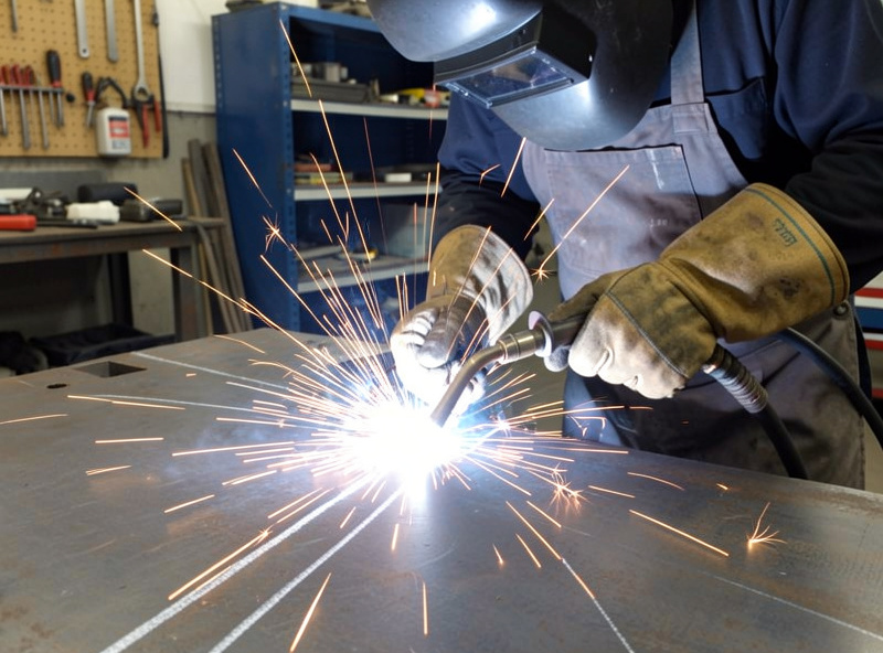 Welder guiding an oxy-acetylene cutting torch along a marked line on thick steel plate