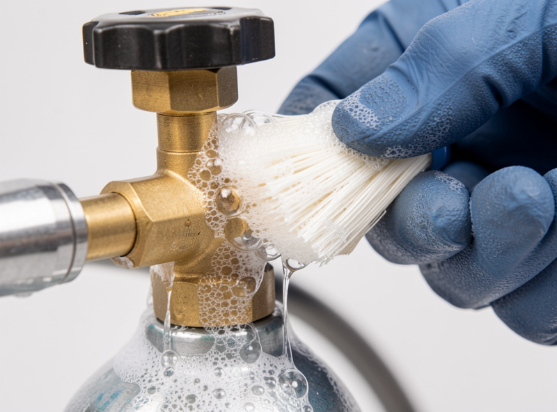 Soapy water bubbles forming at an oxy-acetylene regulator connection during a leak check