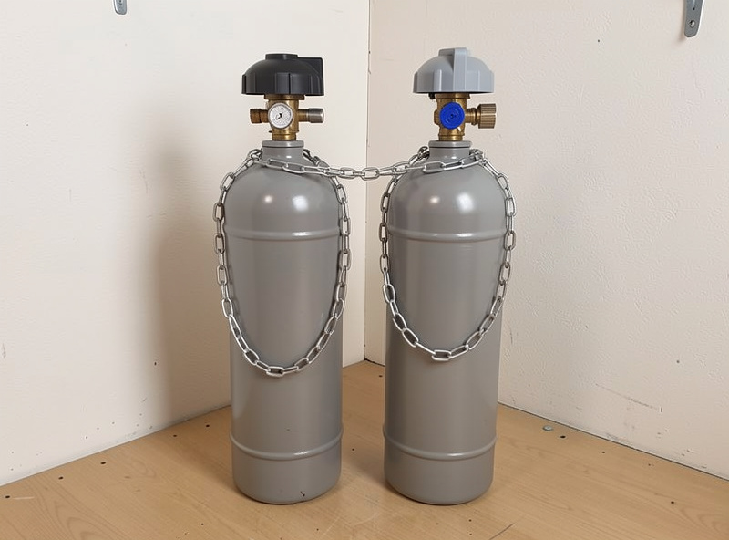 Oxygen and acetylene cylinders chained upright with valve protection caps in a home workshop