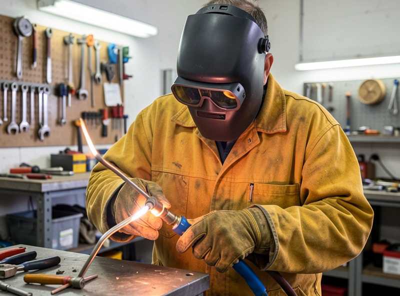 Welder in shade-5 gas goggles and leather gloves working safely with an oxy-acetylene torch